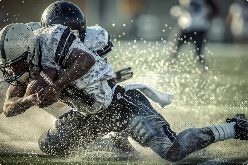 Football players tackling in mud